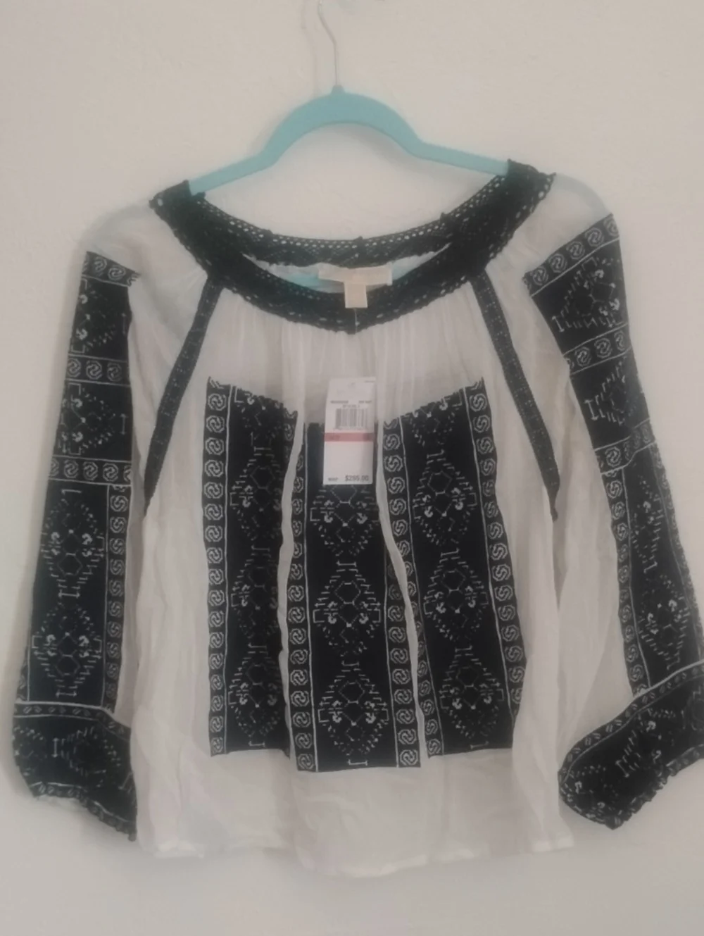 Michael Kors White Boho Peasant Top Navy Embroidered NWT Sz XS